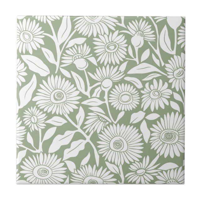  Sunflower Sage Green Minimal Monochrome Tile (Front)