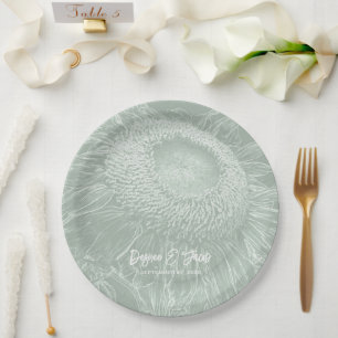 Sunflower Sage Green White Floral Art Elegant Paper Plate