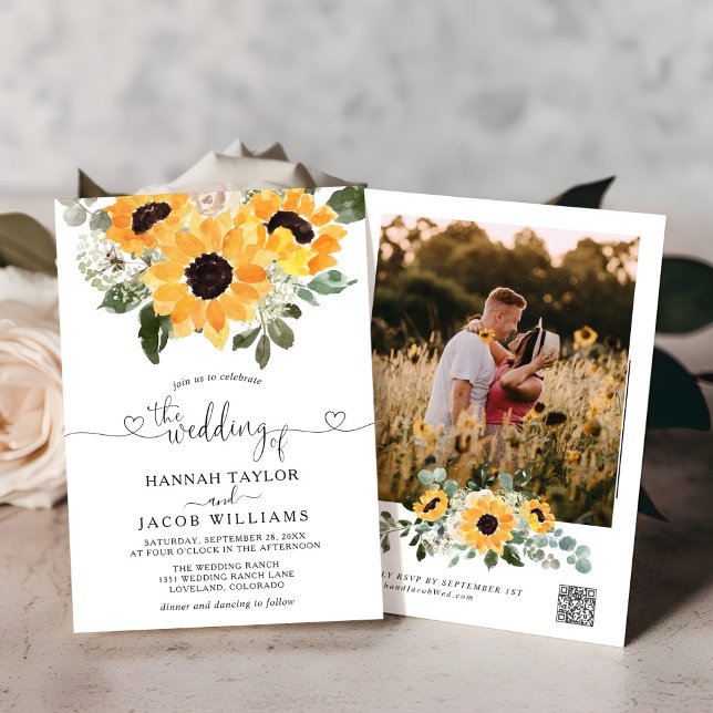 Sunflower Sage Greenery QR Code RSVP Wedding  Invitation (Creator Uploaded)