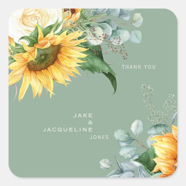 Sunflower Sage Wedding Thank You Square Sticker (Front)