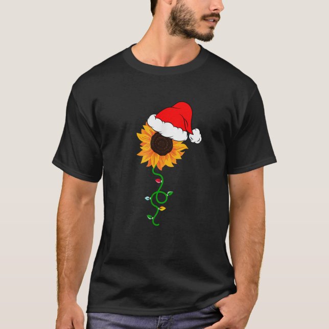 Sunflower Santa Hat Christmas Lights Joy  T-Shirt (Front)