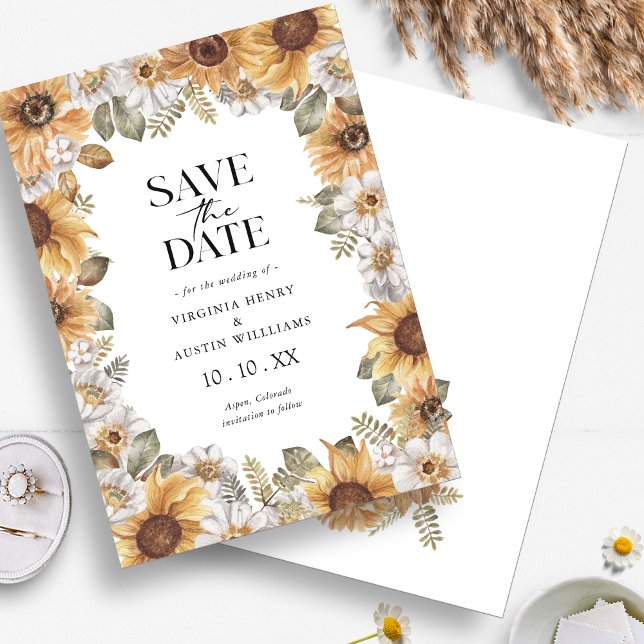 Sunflower Save The Date (Boho Watercolor Sunflower Floral Save The Date Announcement by Painted Paperie
)