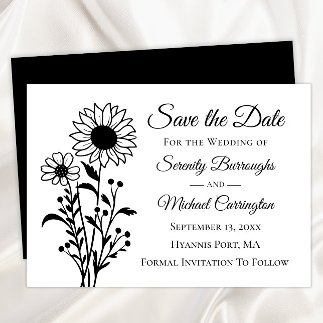 Sunflower Save the Date Black White Floral Wedding Announcement (Creator Uploaded)