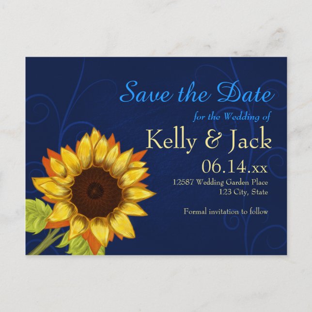 Sunflower/Save the Date Blue wedding Announcement Postcard (Front)