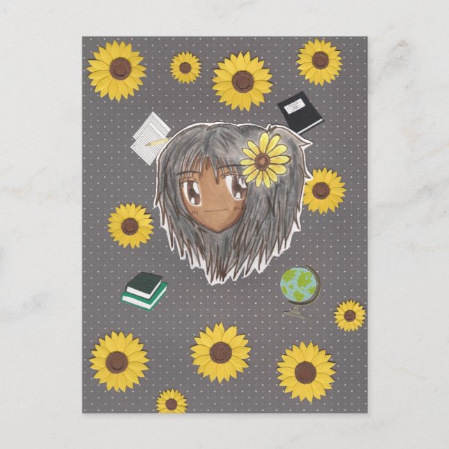 Sunflower Scholar Hinata (chibi w/ collage backgro Postcard (Front)