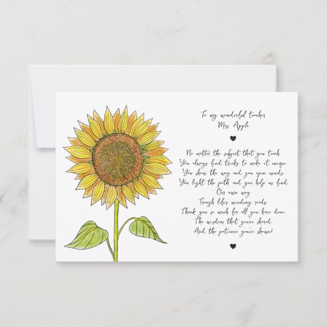   Sunflower & Script Appreciation Poem for Teacher Thank You Card (Front)