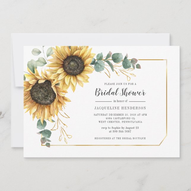 Sunflower Script Eucalyptus Floral Bridal Shower Invitation (Front)