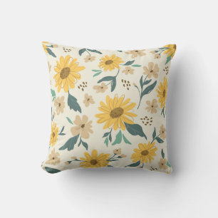 Sunflower seamless pattern. Yellow daisy on off wh Cushion