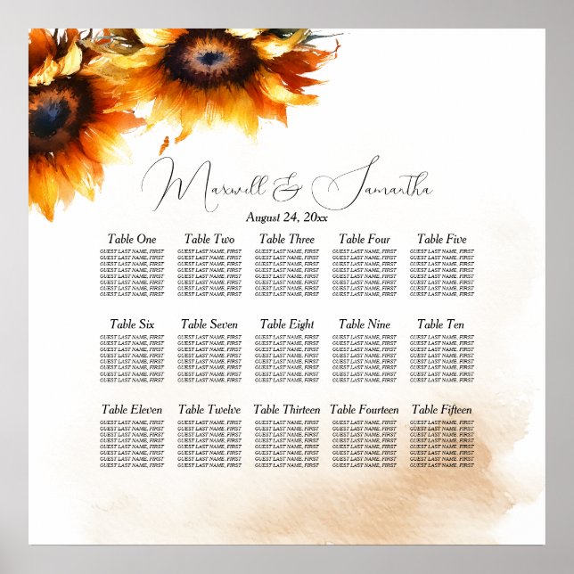 Sunflower SEATING CHART, Rustic Wedding Decor (Front)