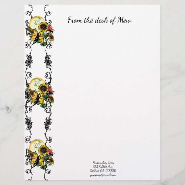 Sunflower Shadow Fairy and Cosmic Cat Custom Letterhead (Front)
