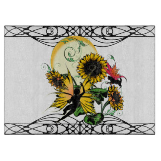 Sunflower Shadow Fairy and Cosmic Cat Cutting Board