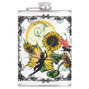 Sunflower Shadow Fairy and Cosmic Cat Hip Flask