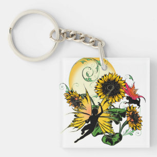 Sunflower Shadow Fairy and Cosmic Cat Key Ring
