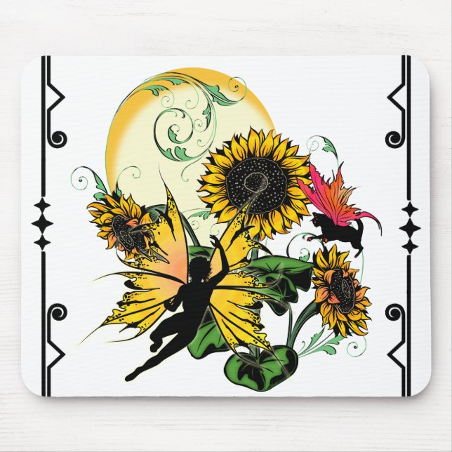 Sunflower Shadow Fairy and Cosmic Cat Mouse Mat (Front)