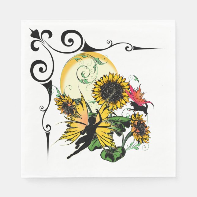 Sunflower Shadow Fairy and Cosmic Cat Napkin (Front)