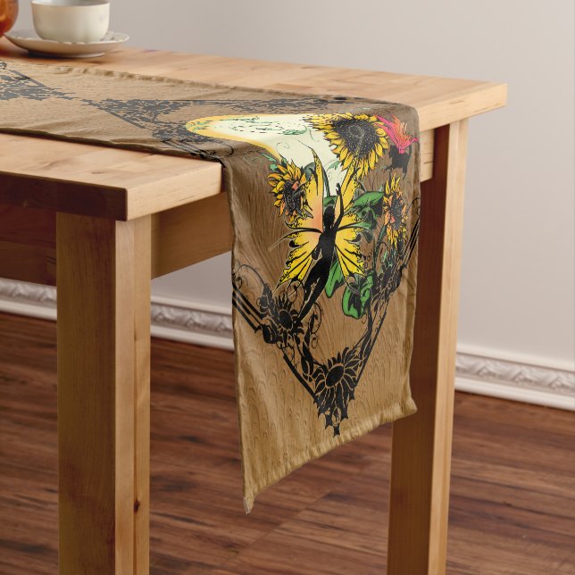 Sunflower Shadow Fairy and Cosmic Cat Short Table Runner (In Situ)