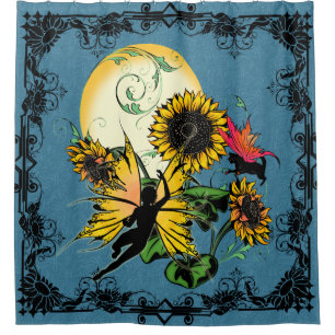 Sunflower Shadow Fairy and Cosmic Cat Shower Curtain