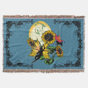 Sunflower Shadow Fairy and Cosmic Cat Throw Blanket