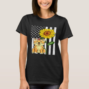 Sunflower Shiba Inu US Flag Cute Dog Animal Patrio T-Shirt