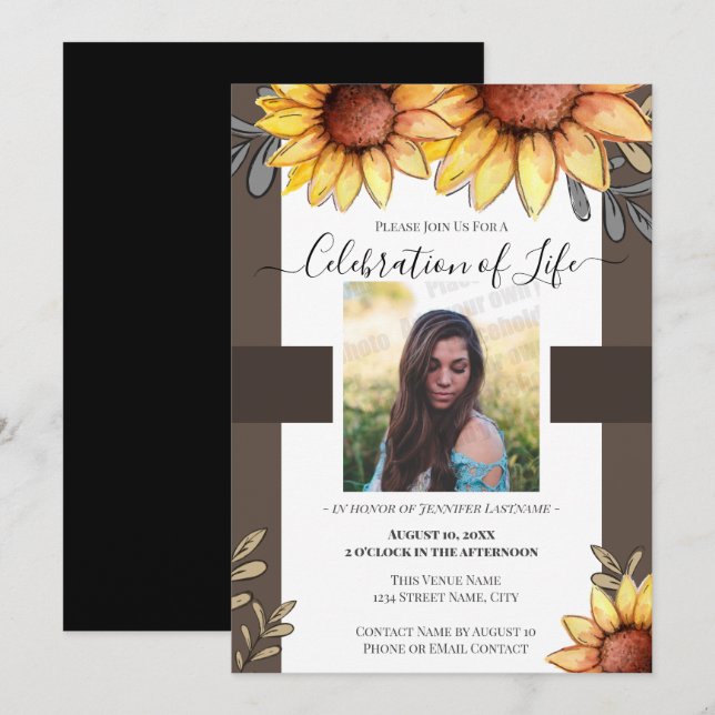 Sunflower Simple Photo Funeral Invitation (Front/Back)