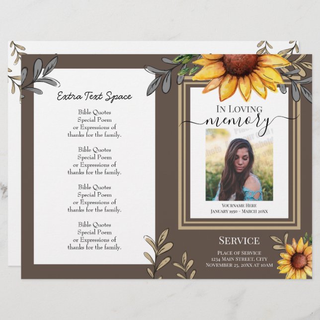 Sunflower Simple Photo Funeral Program Budget (Front/Back)