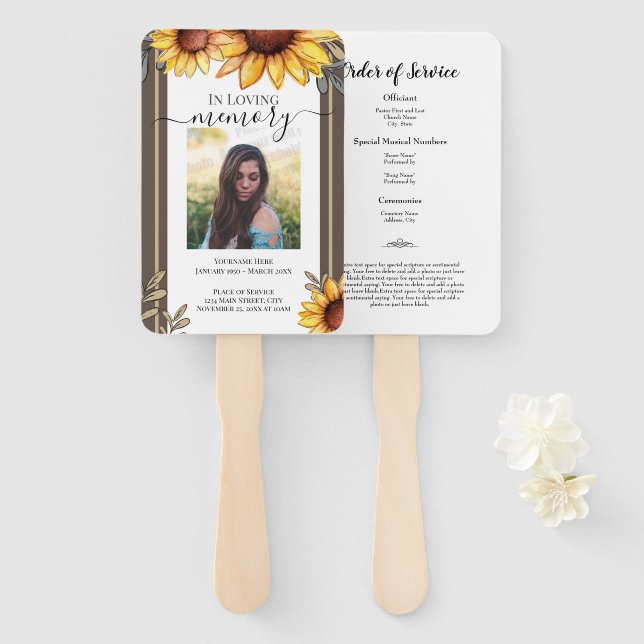 Sunflower Simple Photo Funeral Program Hand Fan (Front and Back)