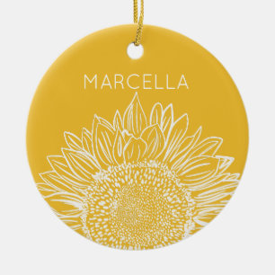 Sunflower Sketch Modern Custom Name Ceramic Tree Decoration