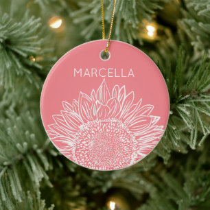 Sunflower Sketch Modern Custom Name Ceramic Tree Decoration