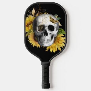 Sunflower Skull on Black Pickleball Paddle