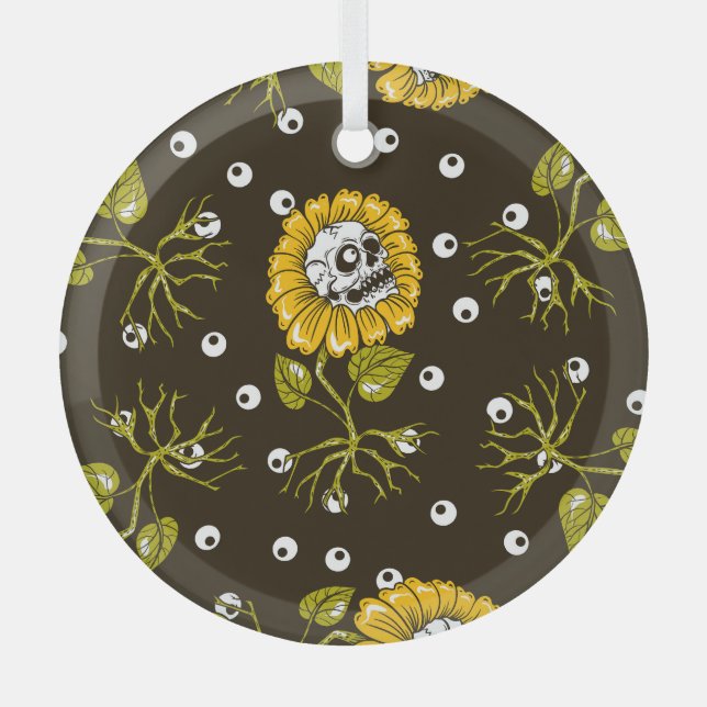 Sunflower Skulls: Unique Seamless Pattern. Glass Tree Decoration (Front)