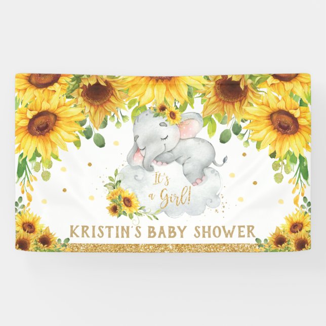 Sunflower Sleeping Elephant Baby Shower Backdrop  Banner (Horizontal)