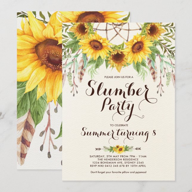 Sunflower Slumber Party Boho Sleepover Birthday Invitation (Front/Back)