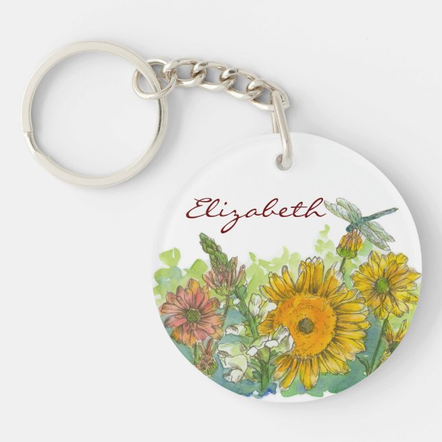 Sunflower Snapdragon Dragonfly Custom Name Key Ring (Front)