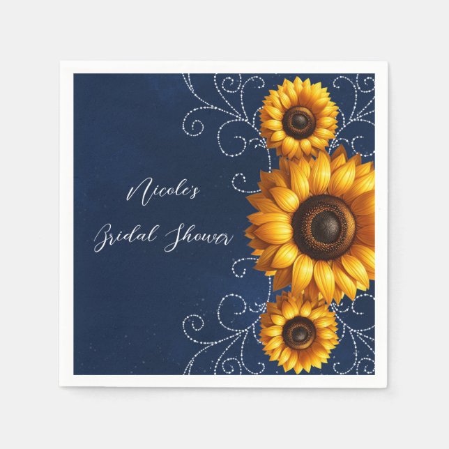 Sunflower Sparkle Blue Rustic Glam Bridal Shower Napkin (Front)