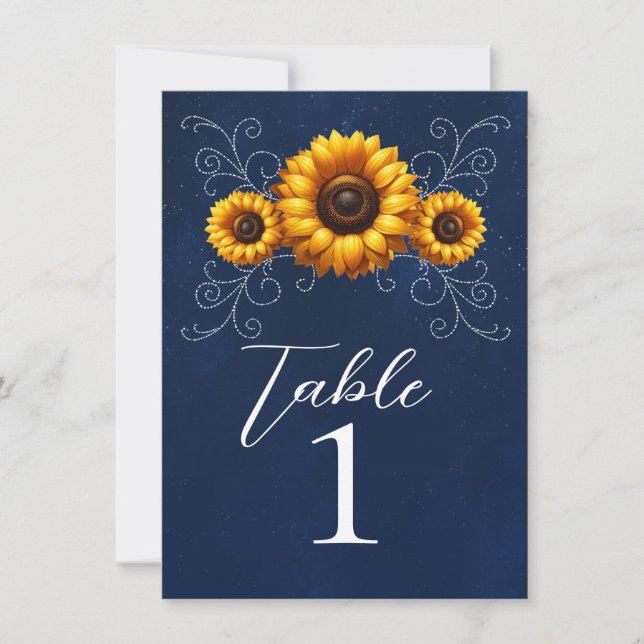 Sunflower Sparkle Blue Rustic Glam Table Number (Front)