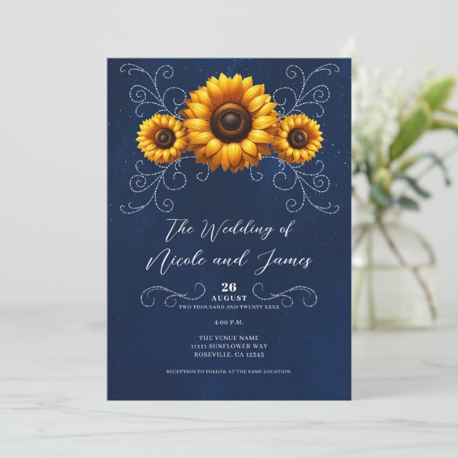 Sunflower Sparkle Blue Rustic Glam Wedding Invitation (Standing Front)