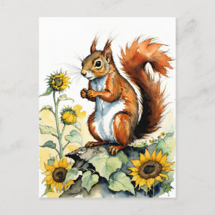 Sunflower Squirrel Watercolor Sunflowers Postcard