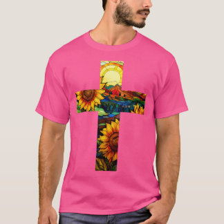 Sunflower Stained Glass Cross T-Shirt