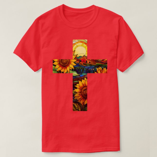 Sunflower Stained Glass Cross T-Shirt (Design Front)