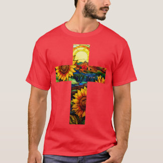 Sunflower Stained Glass Cross T-Shirt