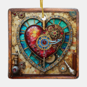 Sunflower Stained Glass Heart Steampunk Series Ceramic Ornament