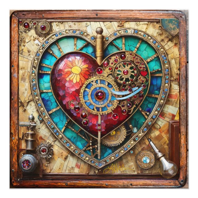 Sunflower Stained Glass Heart Steampunk Series Photo Print (Front)