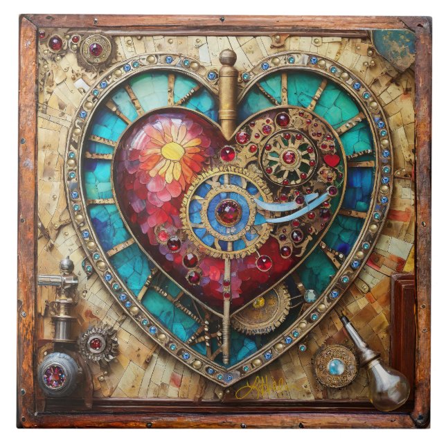 Sunflower Stained Glass Heart Steampunk Series Tile (Front)