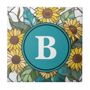 Sunflower Stained Glass Monogram Sunflowers Tile