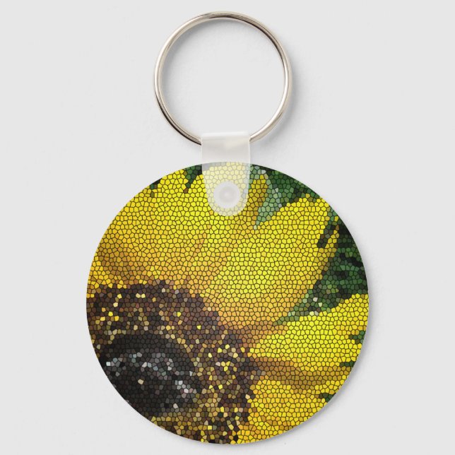 Sunflower Stained Glass Vivid Yellow Flower Mosaic Key Ring (Front)