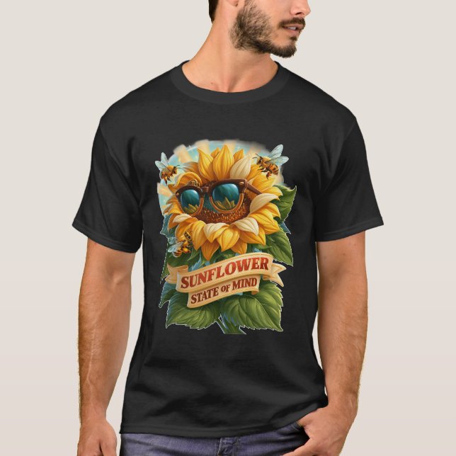 Sunflower State Of Mind Cool Summer Bee T-Shirt (Front)
