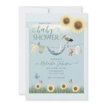Sunflower Stork Baby Boy Shower Invitation