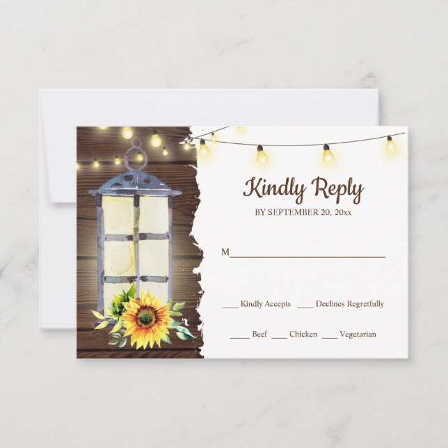 Sunflower String Light Lantern Rustic Wood Wedding RSVP Card (Front)