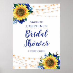 Sunflower String Lights Blue Floral Bridal Shower Poster