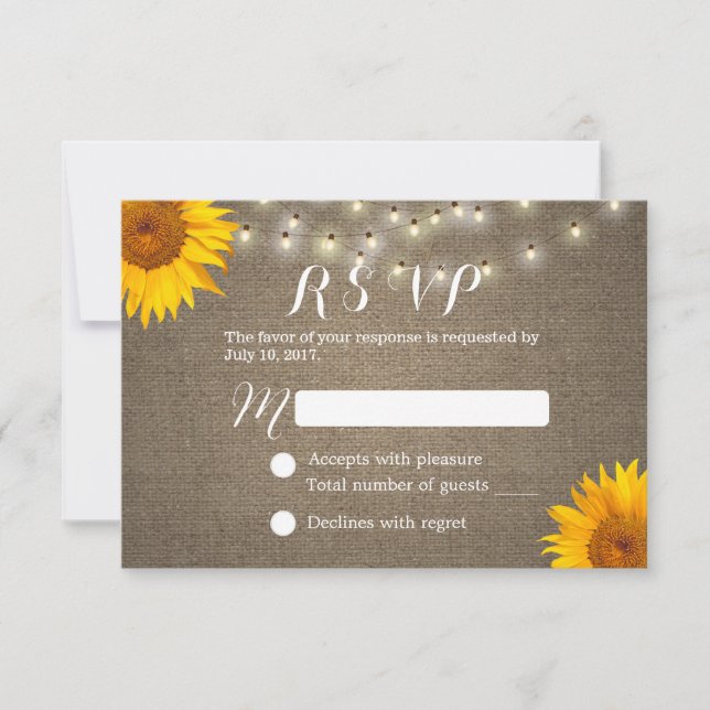 Sunflower & String Lights Burlap Wedding RSVP (Front)